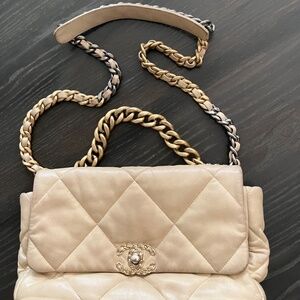 CHANEL Flap Large Shoulder Bag Lambskin Beige Chain Shoulder